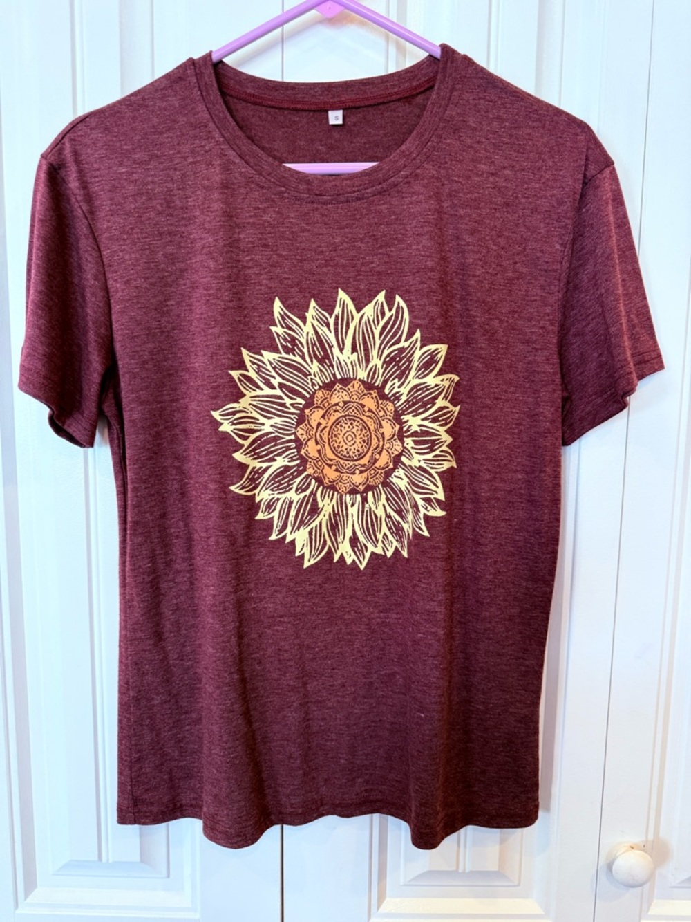 Maroon Tee with Yellow-Orange Sunflower Graphic. Size Small